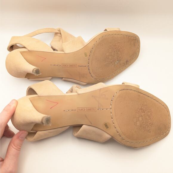 Vince Camuto Kalinte Biscuit Beige Suede Open Toe Ankle Strap Heels Size 8.5 - Picture 7 of 9